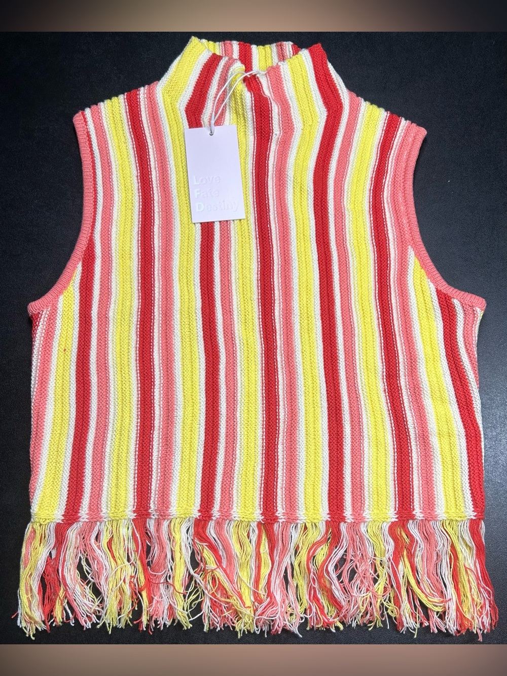 Love Fate Destiny Size M Striped Knit Fringe Mock Neck Sleeveless Tank Top